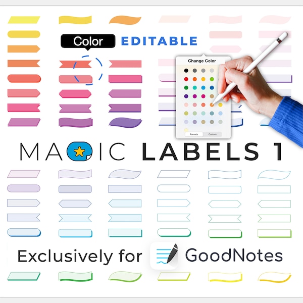 digitale stickers GoodNotes: MAGIC LABELS 1 | kleur bewerkbare elementen