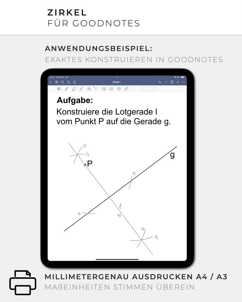 Op de afbeelding: Een digitale tekening op een tabletscherm toont een geometrisch constructie probleem. Het probleem vraagt de gebruiker om een loodrechte lijn te construeren vanaf punt P naar lijn g. De tekening bevat lijnen, punten en nummers om de gebruiker door het constructie proces te leiden. De tekst op het scherm luidt "Aufgabe: Konstruiere die Lotgerade I vom Punkt P auf die Gerade g."
