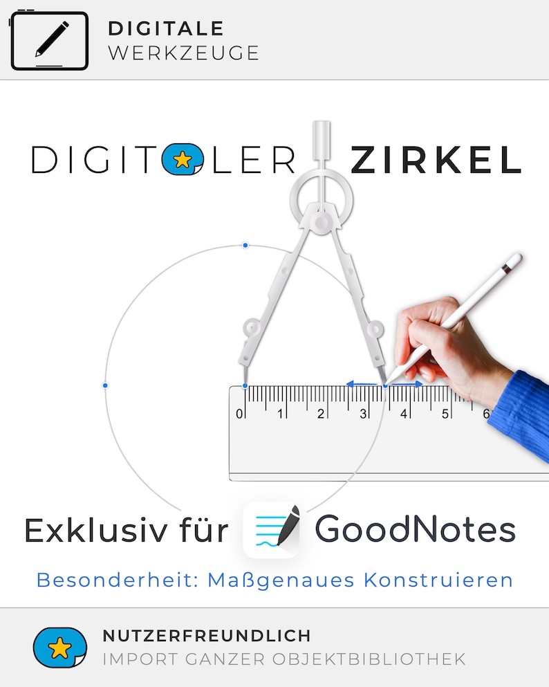 Op de afbeelding: Een witte passer met een liniaal en een hand die een stylus vasthoudt en een cirkel tekent. De tekst "DIGITLER ZIRKEL" staat bovenaan de afbeelding. De tekst "Exklusiv f&uuml;r GoodNotes" staat onderaan de afbeelding. De tekst "Besonderheit: Ma&szlig;genaues Konstruieren" staat onder de tekst "Exklusiv f&uuml;r GoodNotes".