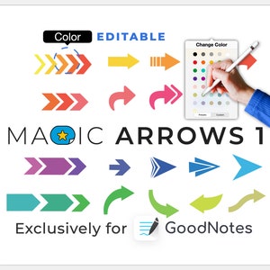 May include: A set of colorful editable arrow stickers for GoodNotes. The stickers are in various styles, including straight arrows, curved arrows, and double arrows. The image shows a color palette with a hand holding a stylus, indicating that the stickers can be customized with different colors.