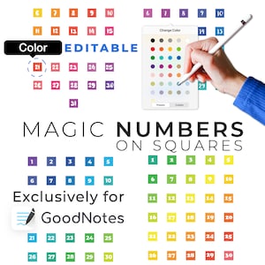 Könnte beinhalten: Eine digitale Planerseite mit einem bunten Raster aus Quadraten, die von 1 bis 31 nummeriert sind. Die Seite trägt den Titel "Magic Numbers on Squares" und enthält den Text "Exclusively for GoodNotes". Eine Hand hält einen Stift über dem Raster, und rechts auf der Seite ist eine Farbpalette zu sehen.