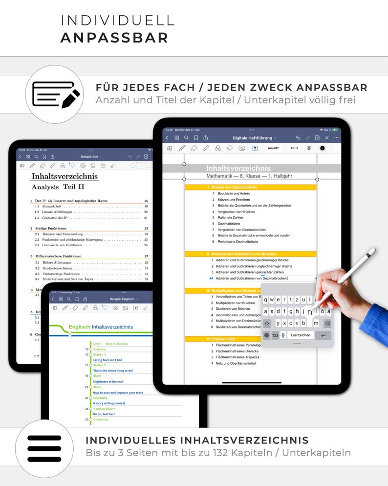 May include: A screenshot of a digital tablet displaying a table of contents for a math textbook. The table of contents is titled "Inhaltsverzeichnis" and lists topics such as "Bruche und Dezimalbruche", "Addition und Subtraktion", and "Fl&auml;cheninhalt".