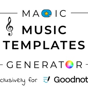 Könnte beinhalten: Ein weißes Quadrat mit schwarzem Rand enthält den Text "MAGIC MUSIC TEMPLATES GENERATOR" mit einem Violinschlüssel-Symbol und einem blauen Stern-Aufkleber. Der Text "Exclusively for Goodnotes" befindet sich unterhalb des Quadrats.
