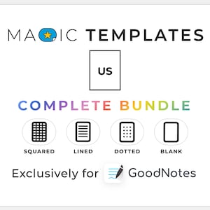 May include: A digital planner template bundle for GoodNotes app. The bundle includes four different template styles: squared, lined, dotted, and blank. The templates are designed for use with the GoodNotes app and are user-friendly. The bundle includes a sticker collection for use with the templates.