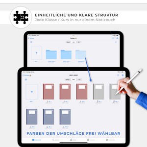 May include: A tablet screen displaying a digital notebook app with a folder structure for organizing notes. The app allows users to create folders for different school years, such as 2019/2020, 2020/2021, and 2021/2022. The folders are color-coded and can be customized. The text on the screen reads "ENDLOS EINSETZBAR" and "EINHEITLICHE UND KLARE STRUKTUR Jede Klasse / Kurs in nur einem Notizbuch".