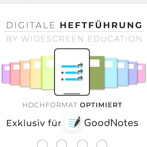 May include: Digital notebook templates for GoodNotes app. The image shows a phone screen with a notebook interface and a variety of notebook covers in different colors. The text "DIGITALE HEFTF&Uuml;HRUNG BY WIDESCREEN EDUCATION" is at the top of the image. The text "HOCHFORMAT OPTIMIERT" is below the phone screen. The text "Exklusiv f&uuml;r GoodNotes" is below the text "HOCHFORMAT OPTIMIERT". The text "BLANKO GEPUNKTET KARIERT LINIERT" is below the text "Exklusiv f&uuml;r GoodNotes". The text "www.widescreeneducation.com" is at the bottom of the image.
