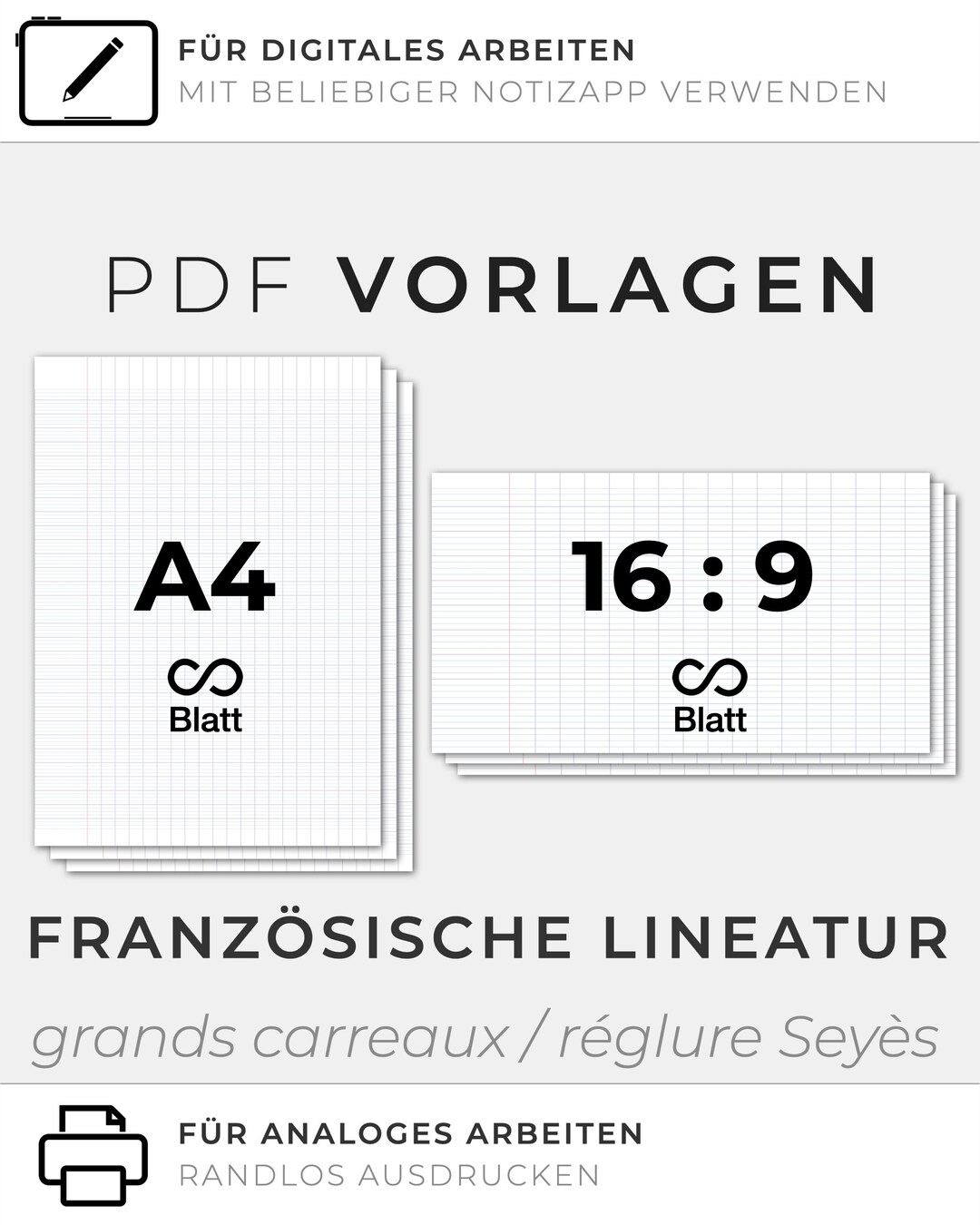 Französische Lineatur | grands carreaux / réglure Seyès | PDF Vorlagen DIN A4 + Breitbild | GoodNotes