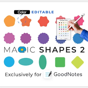 Op de afbeelding: Een set bewerkbare GoodNotes-stickers met verschillende vormen in verschillende kleuren. De vormen omvatten een cirkel, een ster, een afgeronde rechthoek, een vierkant en een ruit. De tekst "MAGIC SHAPES 2" wordt boven de vormen weergegeven. De tekst "Exclusively for GoodNotes" wordt onder de vormen weergegeven. De tekst "USER FRIENDLY STICKER COLLECTION BUNDLE IMPORT" wordt onderaan de afbeelding weergegeven.