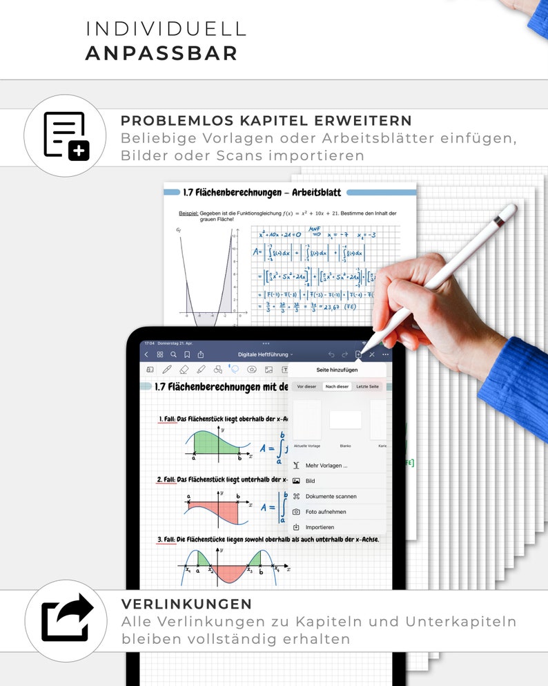 May include: A screenshot of a digital notebook app on a tablet. The app is open to a page titled "1.7 Fl&auml;chenberechnungen mit de" and shows a diagram of a graph with shaded areas. The app has a toolbar with options to add more pages, scan documents, take photos, and import files.