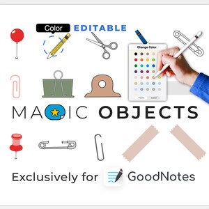 Op de afbeelding: Een set met kleurrijke digitale stickers voor de GoodNotes-app. De stickers bevatten een duimspijker, paperclip, mapklem, schaar, potlood, veiligheidsspeld en een ster. De stickers zijn bewerkbaar en kunnen worden aangepast met verschillende kleuren.