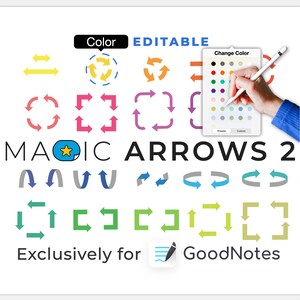 Op de afbeelding: Een set kleurrijke, bewerkbare pijlstickers voor GoodNotes. De stickers zijn in verschillende stijlen, waaronder pijlen naar links, rechts, omhoog, omlaag en cirkelvormige pijlen. De stickers zijn aanpasbaar met onbeperkte kleuropties.