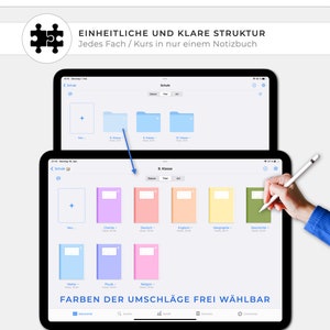 May include: A screenshot of a tablet screen showing a digital notebook app. The app has a folder structure for organizing notes. The folders are color-coded and labeled with subjects like "Math", "Physics", and "Religion". The text "FARBEN DER UMSCHL&Auml;GE FREI W&Auml;HLBAR" is displayed at the bottom of the screen.