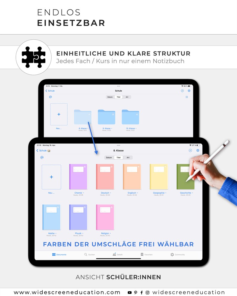 May include: A screenshot of a tablet screen showing a digital notebook app. The app has a folder structure for organizing notes. The folders are color-coded and labeled with subjects like "Math", "Physics", and "Religion". The text "FARBEN DER UMSCHL&Auml;GE FREI W&Auml;HLBAR" is displayed at the bottom of the screen.