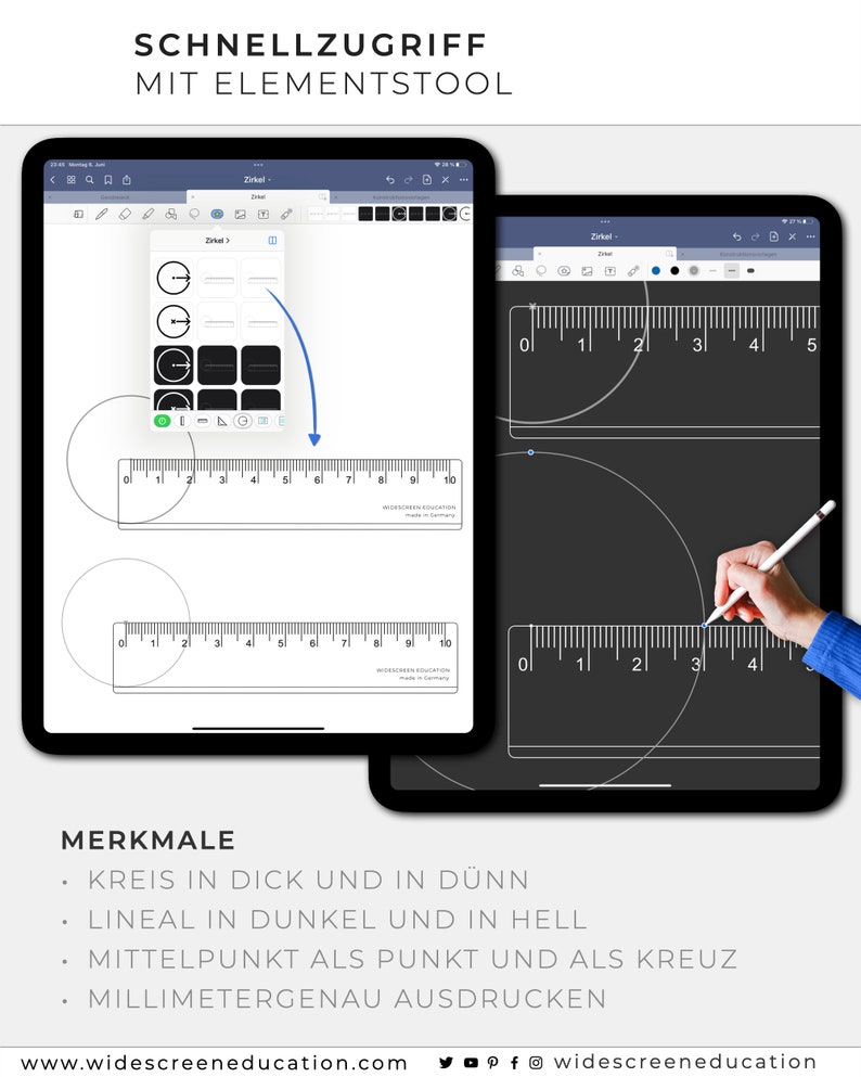 Op de afbeelding: Twee iPad-schermen die een digitale tekenapp met een kompasgereedschap laten zien. De app heeft een liniaal, een kompas en een potlood. De tekst op het scherm zegt "SCHNELLZUGRIFF MIT ELEMENTSTOOL" en "MERKMALE". De tekst onder de schermen zegt "KREIS IN DICK UND IN D&Uuml;NN", "LINEAL IN DUNKEL UND IN HELL", "MITTELPUNKT ALS PUNKT UND ALS KREUZ", "MILLIMETERGENAU AUSDRUCKEN", "www.widescreeneducation.com" en "widescreeneducation".