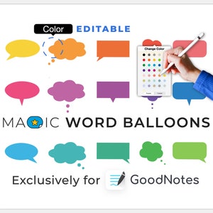 Könnte beinhalten: Ein Satz von bunten, editierbaren Wortballons für GoodNotes. Die Ballons haben verschiedene Formen, darunter Sprechblasen, Gedankenblasen und rechteckige Kästchen. Das Bild zeigt eine Farbpalette mit einer Vielzahl von Farben zur Auswahl. Der Text "MAGIC WORD BALLOONS" wird am unteren Rand des Bildes angezeigt.