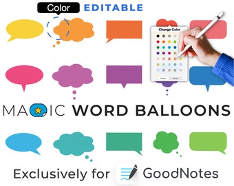 GoodNotes digital stickers: MAGIC WORD BALLOONS | color editable elements