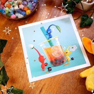 Bubble Tea Pikmin - Impression d'art carrée - 148 mm - Carton recyclé