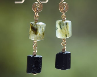 Prehnite and Black Tourmaline with Gold Filled Wire Dangle Earrings, Gold Gemstone Earrings, Prehnite Dangles, Black Tourmaline Dangles