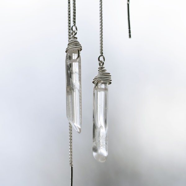 Orecchini filettatori in argento sterling, orecchini di cristallo di quarzo chiaro, semplice filettatore di gemme, regalo orecchino sorella, pietra di nascita di aprile, guarigione