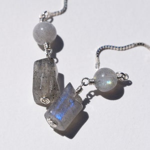 Sterling Silver and Flashy Labradorite Threader Earrings, Silver Gem Threaders, Natural Birthstone March and February