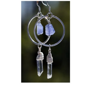 Tanzanite, Clear Quartz Dangle, Sterling Silver Hoop Earrings, Tanzanite Hoops, Quartz Hoops, Tanzanite Earrings, Bohemian Earrings