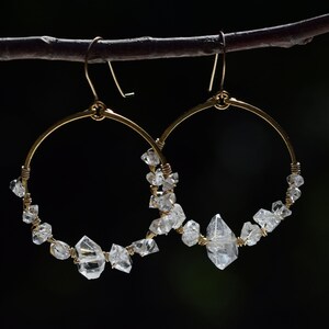Hammered Brass Hoops with Herkimer Diamonds and 14K Gold Filled Wire, Handcrafted Herkimer Hoops, Gold Herkimer Hoops, Large Brass Hoops