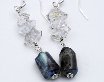 Flashy Labradorite, Herkimer Diamond, Sterling Silver, Dangle Earrings, Gemstone Dangles, Boho Dangles, Labradorite Dangles, Herkimer Dangle