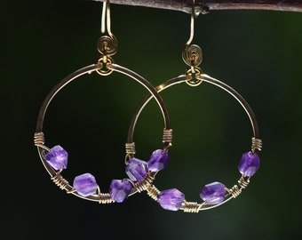 14K Gold Filled Hoops, Amethyst, February Birthstone, Lightweight Hoops, Gemstone Hoops, Gold Gem Hoops, Gold Filled Hoops