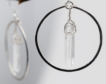 Clear Quartz Crystal, Sterling Silver Hoop Earrings, April Birthstone, Crystal Hoop Earring, Quartz Hoops, Quartz Earrings, Sister Gift