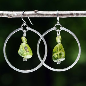 Peridot Nugget, Sterling Silver Hoop Earrings, Peridot Hoops, Gemstone Hoops, August Birthstone, Birthstone Earrings, Peridot Earrings