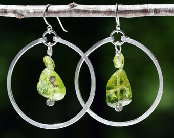 Peridot Nugget, Sterling Silver Hoop Earrings, Peridot Hoops, Gemstone Hoops, August Birthstone, Birthstone Earrings, Peridot Earrings