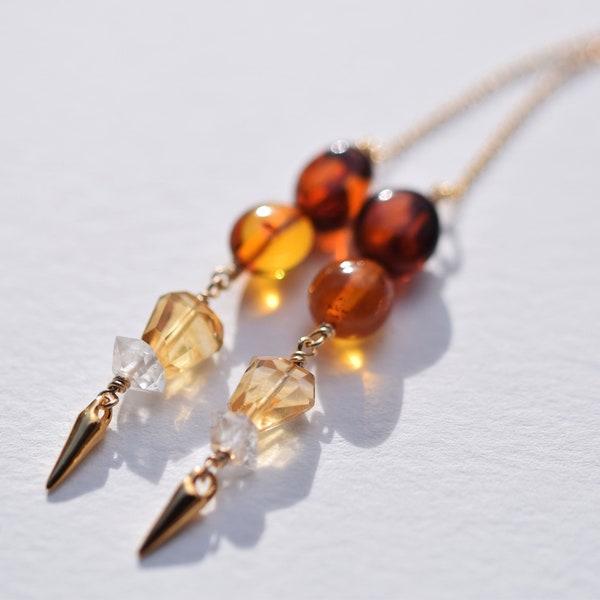 Baltic Amber, Citrine, Herkimer Diamond Dangles with 14K Gold Filled Spike and Ear Threads