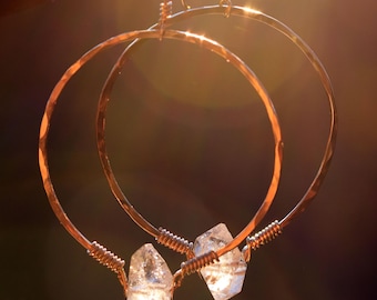 Raw Herkimer Diamond with Handcrafted 14K Gold Filled Hoop Earrings, Herkimer Hoops, Gold Hoops, 14K Gold Filled Hoops, Herkimer Diamonds