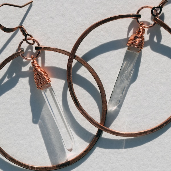 Clear Quartz Crystal Wrapped with Copper, Copper Hoop Earrings, April Birthstone, Gifts for Her. Boho Jewelry, Polished Quartz Earrings