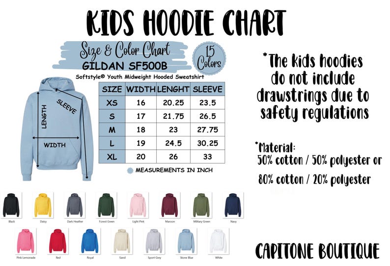 a child's hoodie with measurements for the hoodie