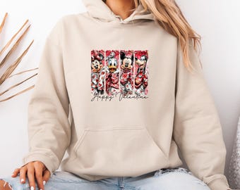 Happy Valentine Hoodie, Mickey and Minnie Pullover, Valentines Day Jumper, Disney Couple Hoodie, Retro Cartoon Hoodie, Romantic Love Gift