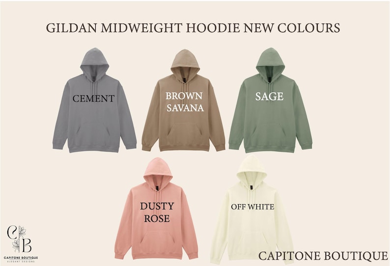 a collection of five hoodies in different colors, including gray, brown, green, white, and pink, arranged in a grid-like pattern.