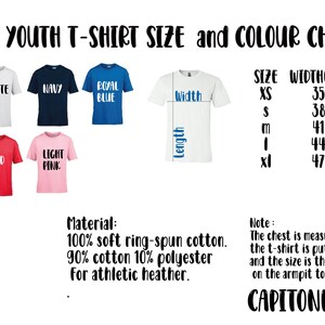a white and blue shirt with the words youth t - shirt size and color chart