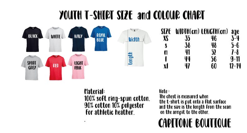 a white and blue shirt with the words youth t - shirt size and color chart