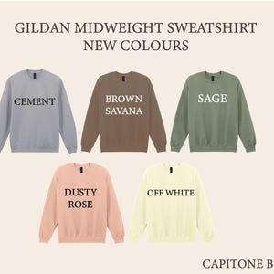 a collection of six different colored GILDA MIDWEIGHT SWEATSHIRTS, each with a unique color and design.