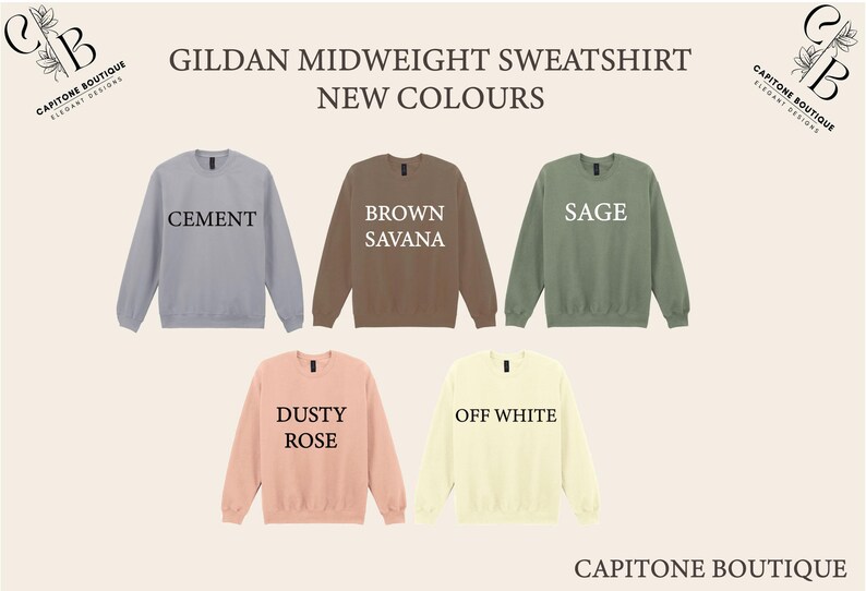 a collection of six different colored GILDA MIDWEIGHT SWEATSHIRTS, each with a unique color and design.