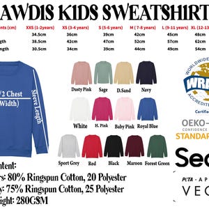 The image is a collection of children's sweatshirts, including measurements, color options, and a list of fabrics used.