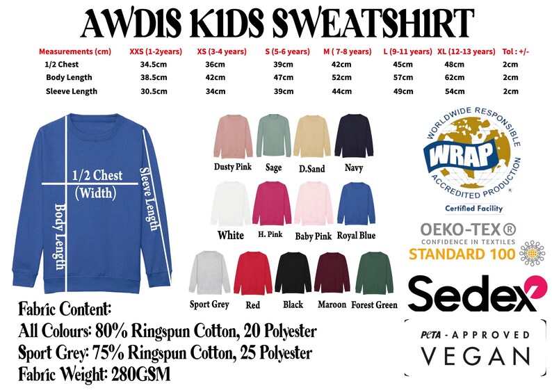 The image is a collection of children's sweatshirts, including measurements, color options, and a list of fabrics used.