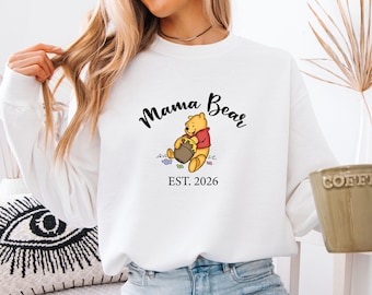 Mama-Bär-Sweatshirt, personalisierter Mama-Pullover, Muttertagsgeschenk, Winnie-Puuh-Top, personalisierter Pullover für frischgebackene Mütter, Puuh-Pullover, Geschenk für Mütter
