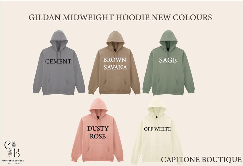 a collection of five hoodies in different colors, including gray, brown, green, white, and pink, arranged in a grid-like pattern.