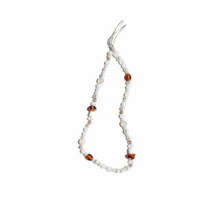 Beaded Phone Charm Dainty Brown Glass Mushrooms, Glass Pale Grey Beads, & Brown Crystal Beads