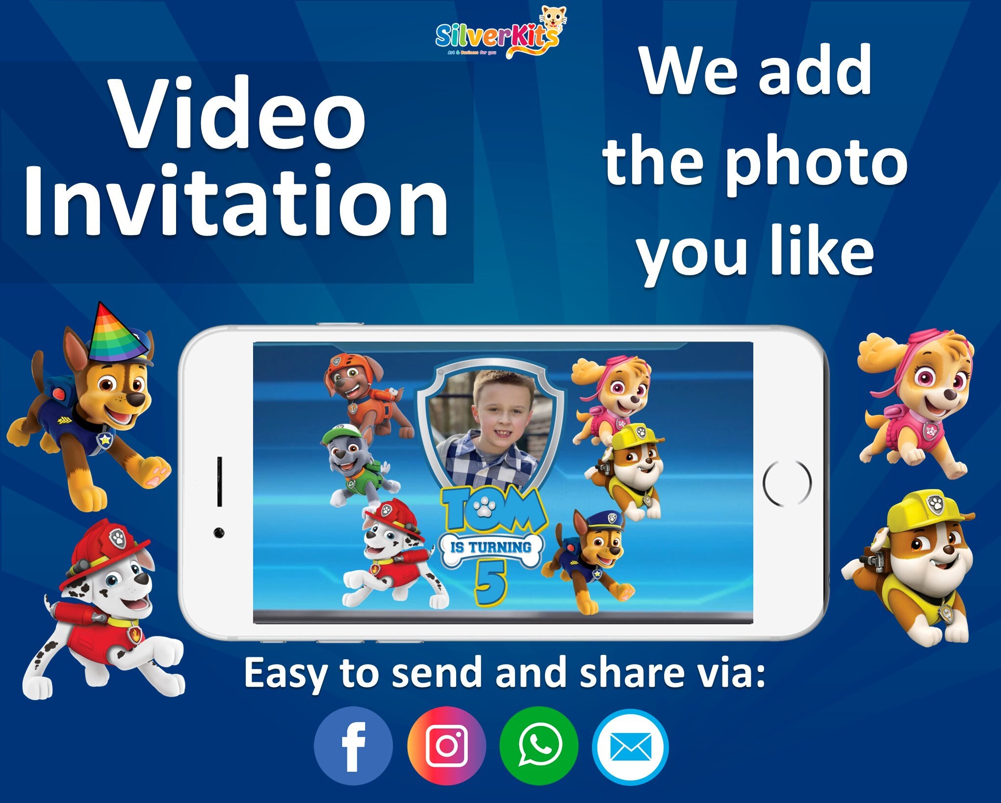 Paw Patrol Video Invitation Chase Skye Rubble Marshall Zuma Rocky Ryd…