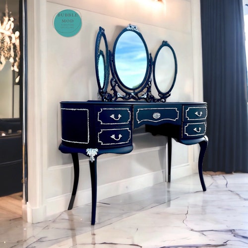 black and silver dressing table French Louis Style Black Dressing Table With Silver Leaf