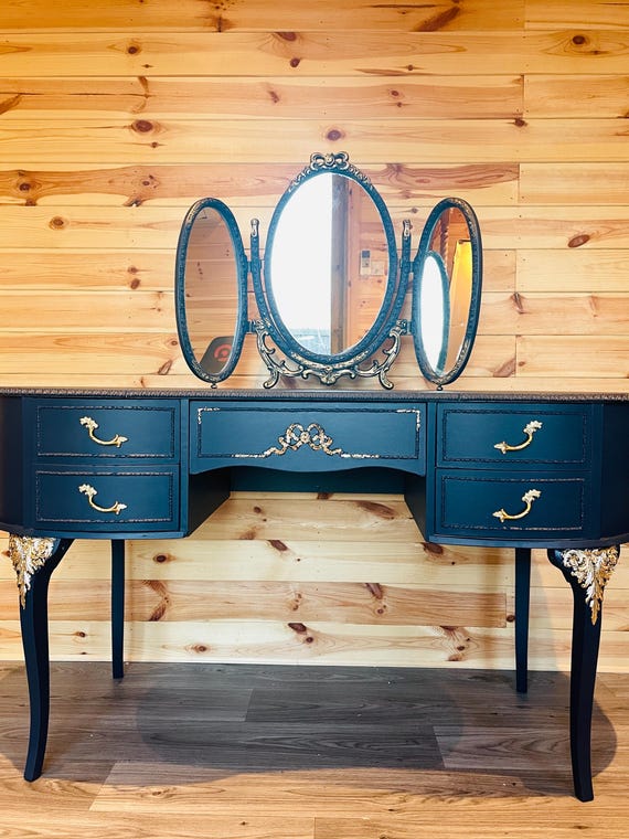 navy blue dressing table Navy Blue Modern Dressing Table with 2 Drawers - Zion - Page 1