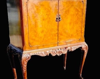 Vintage carved drinks cabinet, cocktail bar queen anne legs